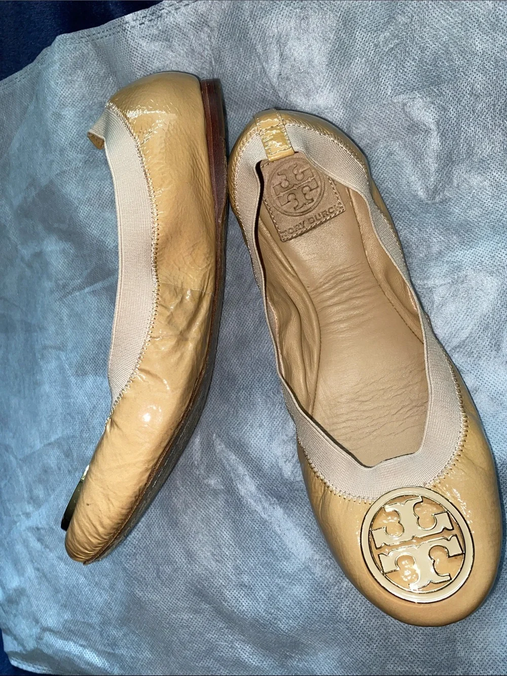 Tory Burch Caramel Patent Logo Ballet Flats